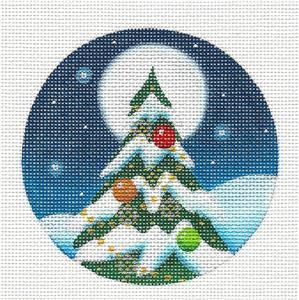 Christmas Round ~ Decorated Tree in Moonlight 4" Rd. Ornament handpainted 18 Mesh Needlepoint Canvas Rebecca Wood