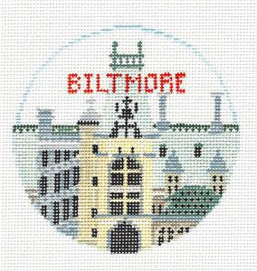 Travel Round ~ Biltmore Estate in Asheville, North Carolina 4" Rd. 18 mesh handpainted Needlepoint Canvas Ornament by Kathy Schenkel