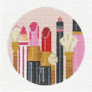 Kelly Clark Round ~ Pink Lip Palette handpainted Needlepoint 3.25" Ornament