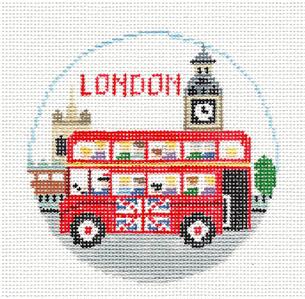Travel Round ~ LONDON, ENGLAND Double Decker Bus 18 Mesh handpainted 4" Rd. Needlepoint Ornament by Kathy Schenkel