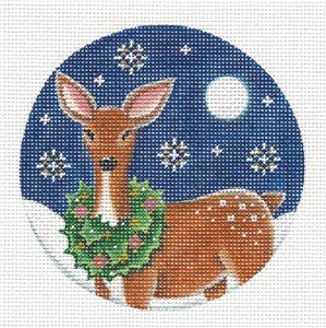 Round ~ Deer Wearing a Christmas Wreath 4" Rd. Ornament handpainted 18 mesh Needlepoint Canvas by Rebecca Wood
