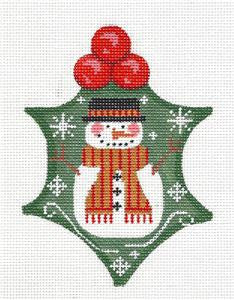 Holly ~ Holly Leaf with Snowman in Scarf & Hat handpainted 18 Mesh Needlepoint Canvas by CH Designs ~ Danji