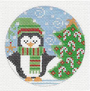 Penguin ~ Penguin & Candy Cane Christmas Tree handpainted 3" Rd. 18 Mesh Needlepoint Ornament Canvas from Danji