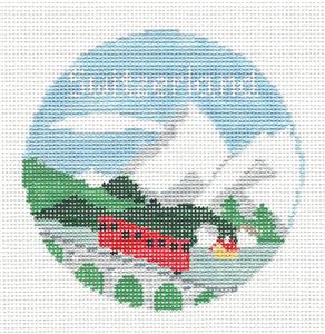 Travel Round ~ Country of Switzerland handpainted 4" Rd. 18 Mesh Needlepoint Ornament Canvas by Kathy Schenkel