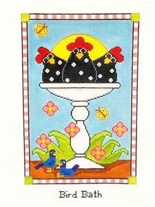 Bird Canvas ~ "BIRD BATH" with 3 Hens & Bluebirds handpainted Needlepoint Canvas by Annie Lane