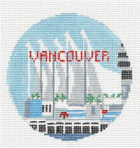 Travel Round ~ Vancouver, British Columbia in CANADA 18 Mesh handpainted 4" Rd. Needlepoint Canvas by Kathy Schenkel
