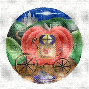 Round ~ CINDERELLA COACH & SLIPPER handpainted 18 Mesh 4" Rd. Needlepoint Canvas by Rebecca Wood