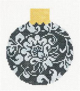 Round ~ Black & White Floral Damask handpainted 3.25" Needlepoint Canvas Ornament by Whimsy & Grace