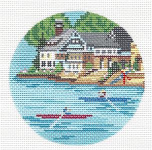 Travel Round ~ Philadelphia Boat House Row 18 Mesh handpainted 4"Rd. Needlepoint Canvas by Needle Crossings