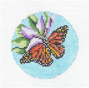 Butterfly Canvas ~ Monarch Butterfly on a Flower 3" Rd. handpainted 18 Mesh Needlepoint Canvas by Needle Crossings