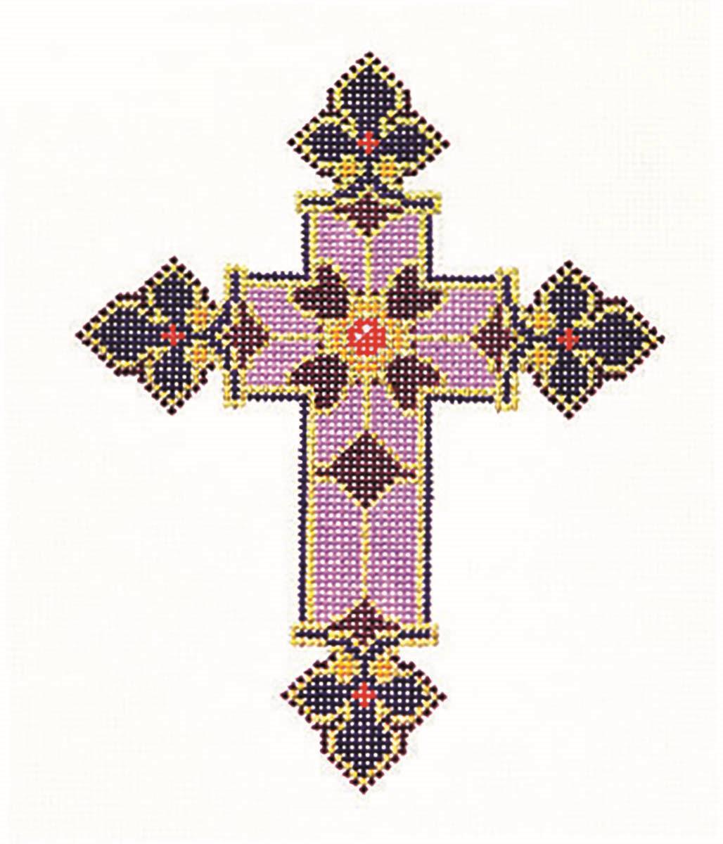 Cross ~ Elegant 7" Tall Purple, Gold & Red CROSS handpainted 13 MESH Needlepoint Canvas by LEE