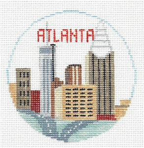 Travel Round ~ Atlanta, Georgia 4" Rd. handpainted 18 Mesh Needlepoint Canvas by Kathy Schenkel