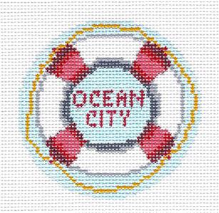 Round ~ OCEAN CITY, NEW JERSEY Beach 3" Rd. 18 Mesh handpainted Needlepoint Canvas Needle Crossings