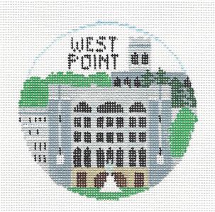 Military Travel Round ~ WEST POINT ACADEMY ARMY 4" Rd. handpainted 18 Mesh Needlepoint Canvas by Kathy Schenkel