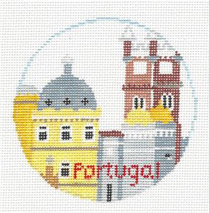 Travel Round ~ PORTUGAL handpainted 18 Mesh 4" Rd. Needlepoint Ornament Canvas by Kathy Schenkel