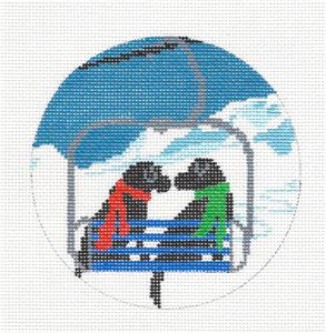 Dog Round ~ Ski Lift LOVE 2 Labrador Dogs Handpainted 18 Mesh 4.5" Rd. Needlepoint Canvas by Liora Manne