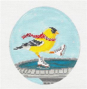 Bird Oval ~ Goldfinch Ice Skating on a Bird Bath handpainted 18 Mesh Needlepoint Canvas by Scott Church
