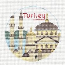 Travel Round ~ Country of TURKEY 4" Rd. handpainted 18 Mesh Needlepoint Ornament Canvas by Kathy Schenkel