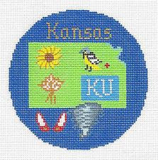 Travel Round ~ KANSAS handpainted 4.25" 18 Mesh Needlepoint Canvas Ornament by Silver Needle