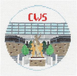 Travel Round ~ CWS in OMAHA, NEBRASKA Needlepoint Ornament Canvas Kathy Schenkel RD.