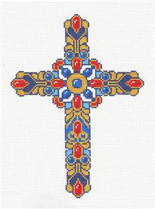 Cross ~ Elegant 7.5" tall Blue Jeweled CROSS 18 mesh handpainted Needlepoint Canvas by LEE