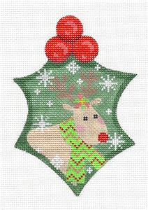 Holly ~ Holly Leaf with Reindeer handpainted 18 Mesh Needlepoint Ornament Canvas by CH Designs from Danji