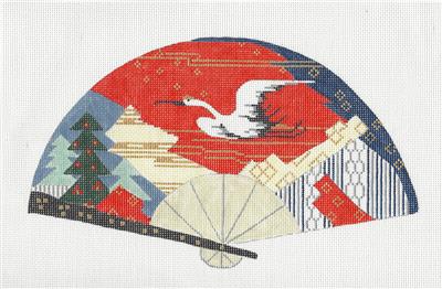 Oriental Fan ~ Oriental Crane in Flight FAN handpainted 18 Mesh Needlepoint Canvas by Sophia Design