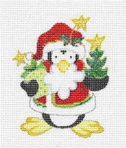 Penguin ~ Penguin with Tree and Gift handpainted Needlepoint Ornament Canvas by Strictly Christmas