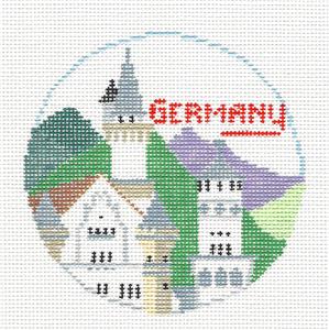 Travel Round ~ GERMANY with CASTLE & TOWER 4" Rd. handpainted 18 Mesh Needlepoint Canvas by Kathy Schenkel