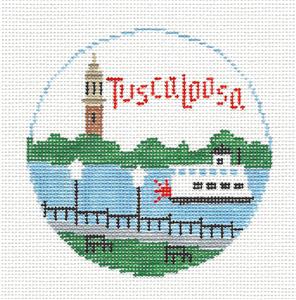 Travel Round ~ Tuscaloosa, Alabama handpainted 18 Mesh 4" Rd. Needlepoint Ornament Canvas by Kathy Schenkel