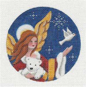 Christmas ~ Arctic Angel White Polar Bear & White Dove 4" Rd. Ornament 18 Mesh handpainted Needlepoint Canvas Rebecca Wood
