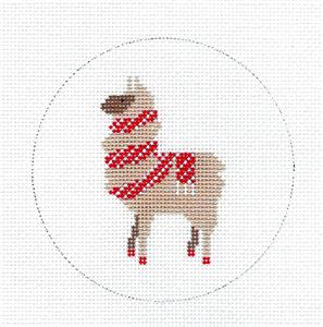 Christmas Round ~ LLAMA Wearing a Scarf handpaint Needlepoint Ornament Canvas by ZIA ~ Danji