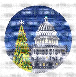 Christmas Travel Round ~ The Capital Tree in Washington, DC 18 Mesh handpainted 4" Needlepoint Canvas Needle Crossings