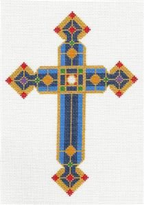 Cross ~ Elegant 7" tall Regal Blue & Gold CROSS handpainted 18 Mesh Needlepoint Canvas by LEE