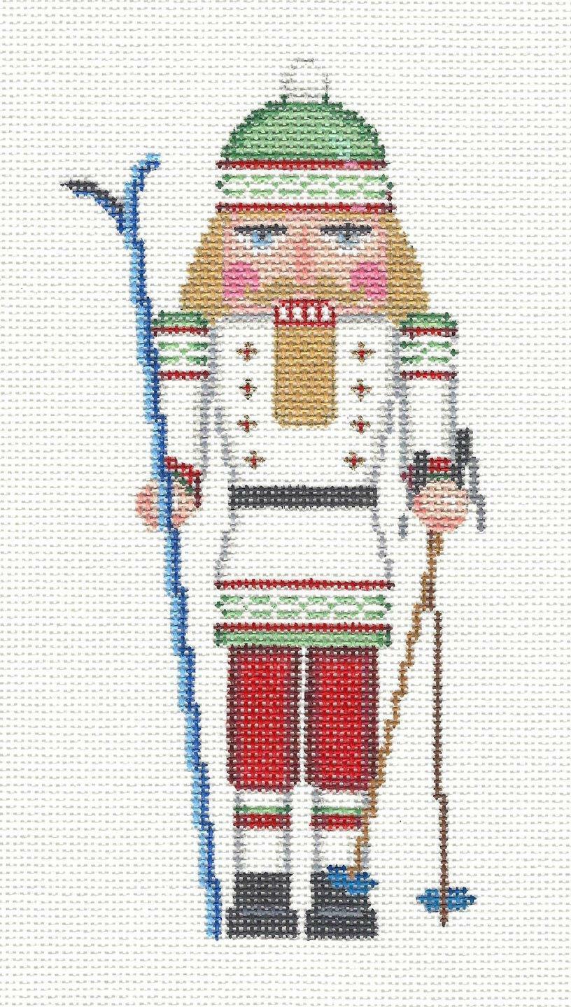 Nutcracker ~ Skiing Nutcracker in White, Red & Green Ornament 18 Mesh handpainted Needlepoint Canvas by Susan Roberts