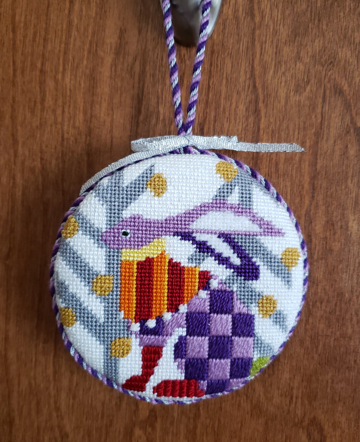 Mid-Century Modern Rabbit in the Trees 4" Round 18 Mesh Needlepoint Ornament by Melissa Prince