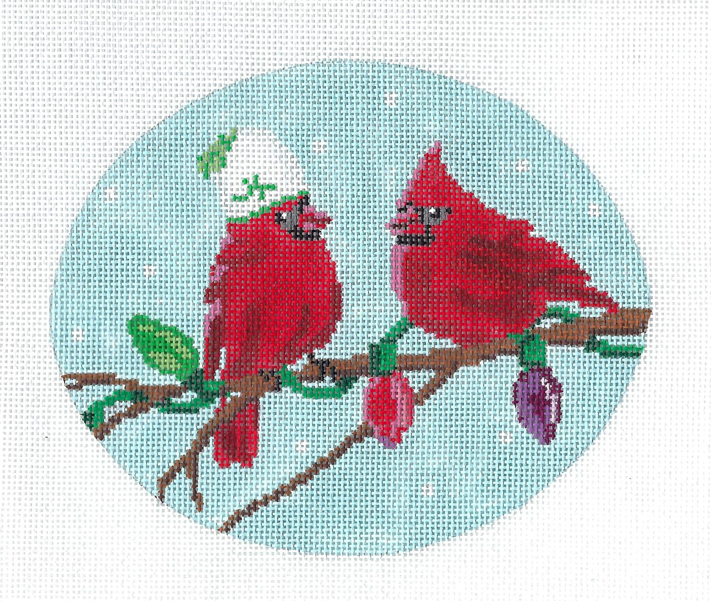 Bird Oval ~ Cardinals with Christmas Lights Handpainted 18 Mesh Needlepoint Canvas by Scott Church