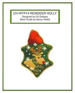 Holly ~ Holly Leaf with Reindeer & STITCH GUIDE handpainted Needlepoint Ornament Canvas by CH Designs ~ Danji