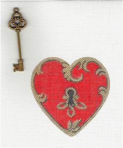 Heart ~ Red & Gold Heart with Key handpainted Needlepoint Ornament by Pepperberry