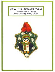 Holly ~ Holly Leaf & Penguin on Holly & STITCH GUIDE handpainted 18mesh Needlepoint Canvas by CH Designs ~ Danji