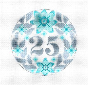 Wedding ~ 25th WEDDING ANNIVERSARY handpainted 18 Mesh 4" Rd. Needlepoint Ornament by CH Designs ~ Danji