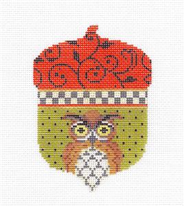 Kelly Clark Acorn ~ Owl on an Acorn Autumn handpainted Needlepoint Ornament Canvas by Kelly Clark
