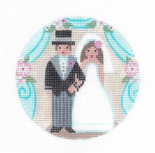 Wedding Canvas ~ Beautiful Bride & Groom WEDDING COUPLE handpainted 18 Mesh 4" Rd. Needlepoint Ornament by CH Designs ~ Danji