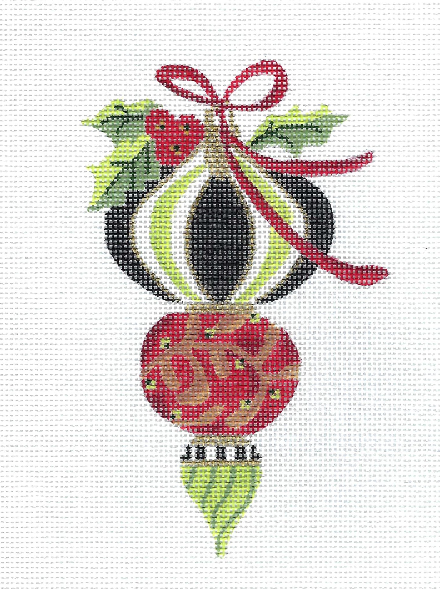 Christmas ~ Peridot Green, Red & Black Triple Onion Ornament with Holly 18 Mesh handpainted Needlepoint Canvas by Kelly Clark