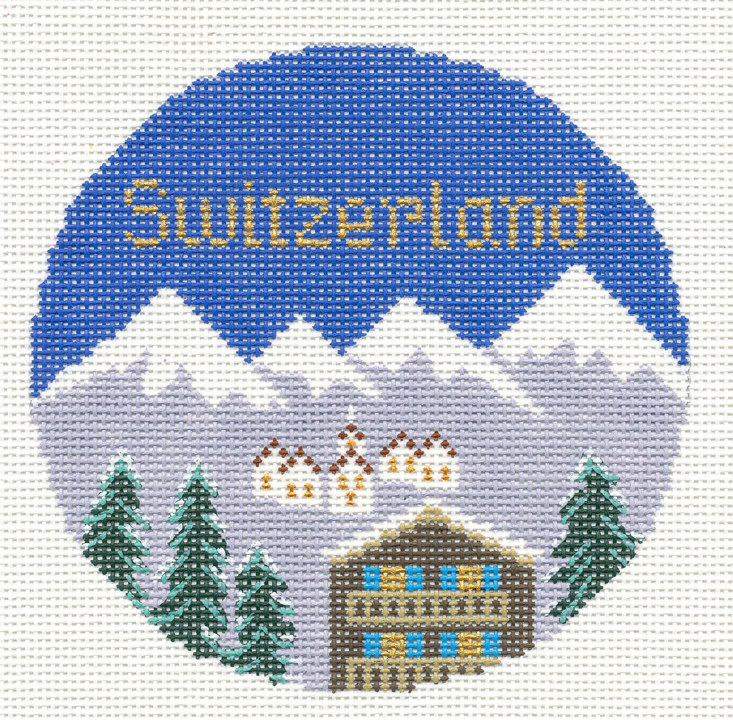 Travel Round ~ SWITZERLAND with the Swiss Alps 18 Mesh handpainted 4.25" Needlepoint Canvas by Silver Needle