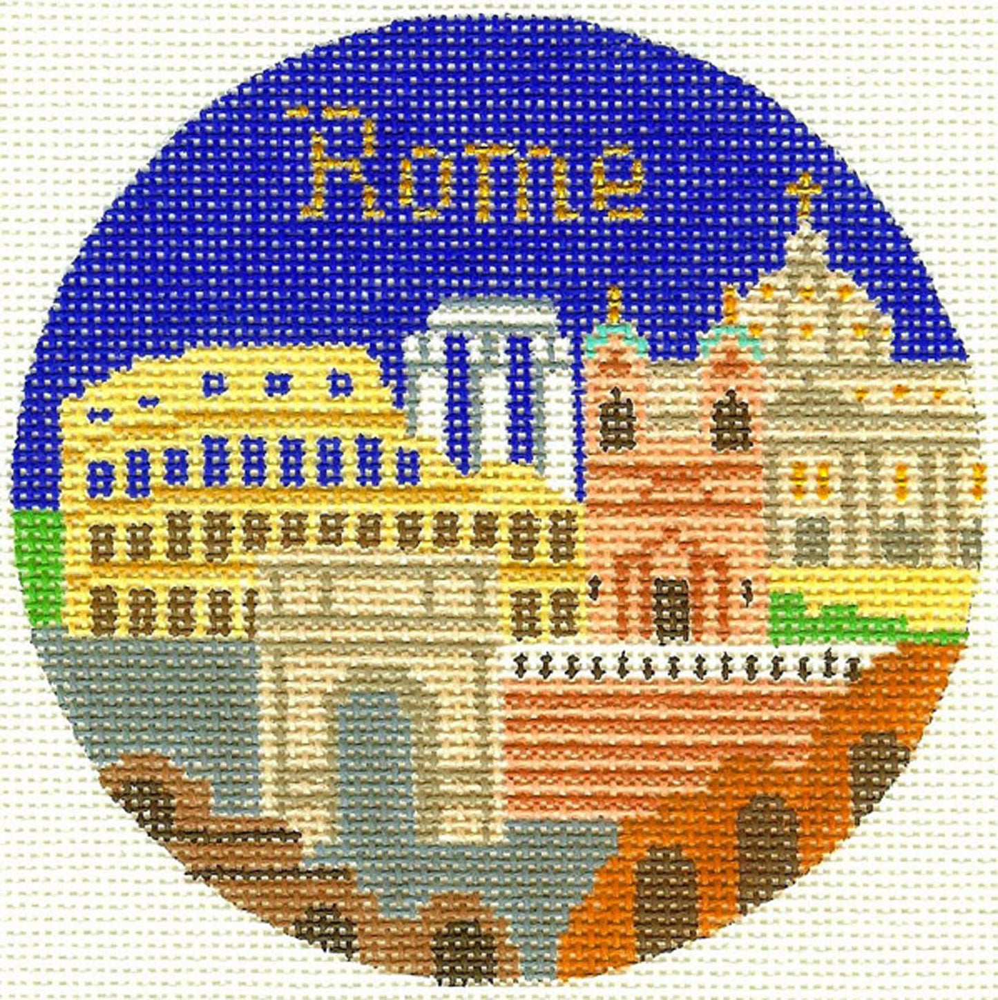 Travel Round ~ ROME, ITALY handpainted 4.25" Rd. 18 Mesh Needlepoint Canvas by Silver Needle