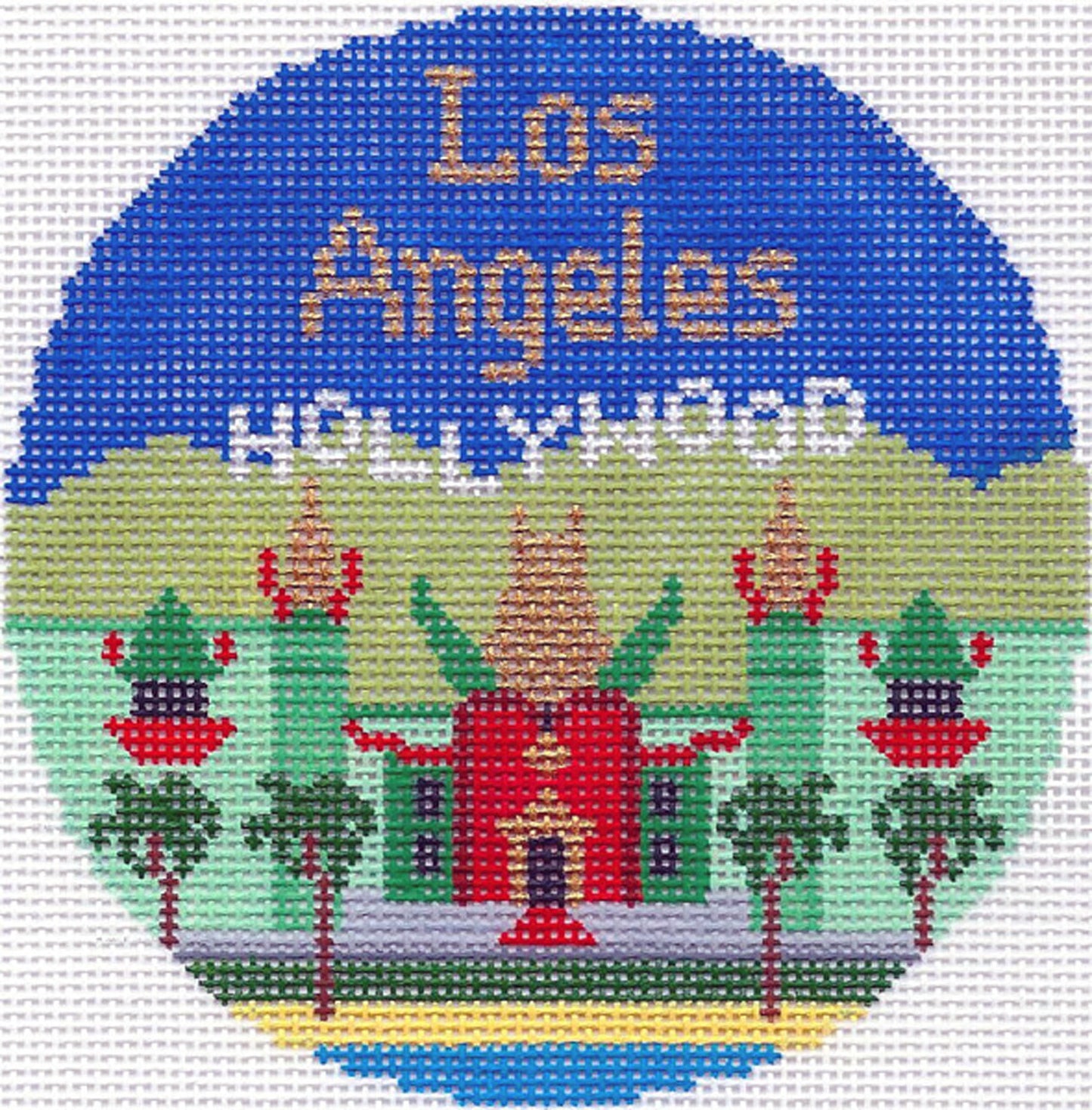 Travel Round ~ LOS ANGELES, CALIFORNIA handpainted 4.25" Needlepoint Canvas by Silver Needle