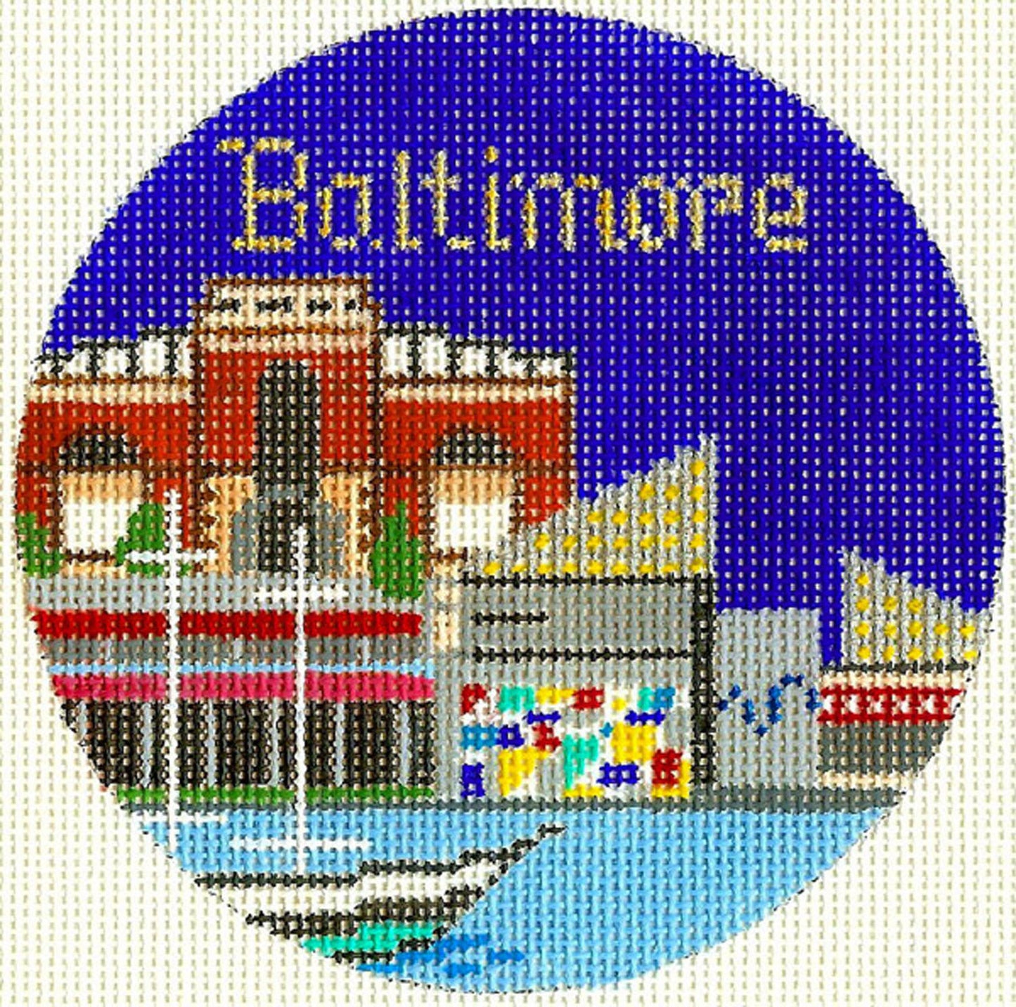 Travel Round ~ Baltimore, Maryland handpainted 4.25" 18 Mesh Needlepoint Canvas by Silver Needle