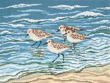 Bird Canvas ~ Four Sanderlings in Surf LG. handpainted 13 mesh Needlepoint Canvas by Needle Crossings