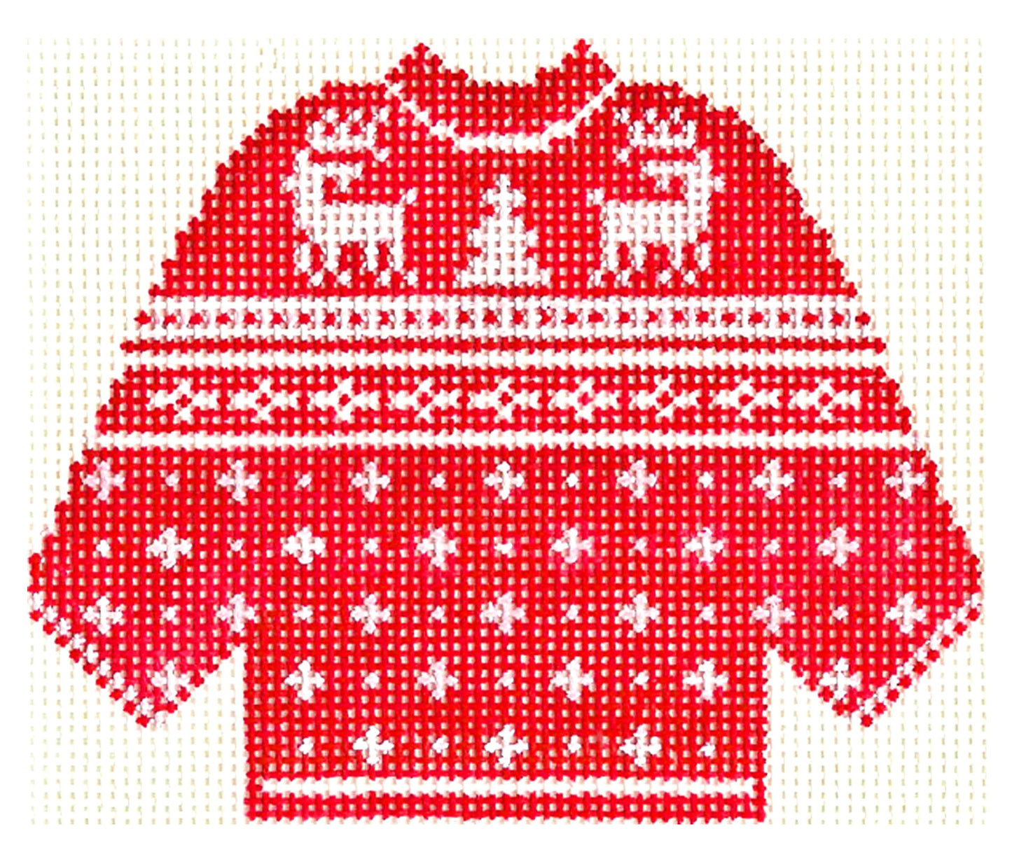 Sweater ~ 2 Reindeer on a Red & White KNITTED SWEATER 13 Mesh handpainted Needlepoint Canvas by Silver Needle
